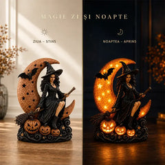 Lampă de Noapte Sculptată "Vrăjitoarea pe Lună" cu Dovleci Luminați – Statuetă Gotică Mistică cu Lumini LED pentru Decor de Casă și Atmosferă Magică