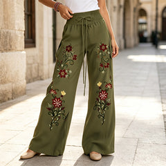 Pantaloni Largi de Damă în Stil Bohemian cu Broderie Florală – Pantaloni Casual cu Talie Înaltă, Elastică și Șnur