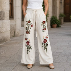 Pantaloni Largi de Damă în Stil Bohemian cu Broderie Florală – Pantaloni Casual cu Talie Înaltă, Elastică și Șnur