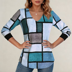 Divatos női V-nyakú felső digitális nyomott mintával, laza szabással és színes kockás dizájnnal