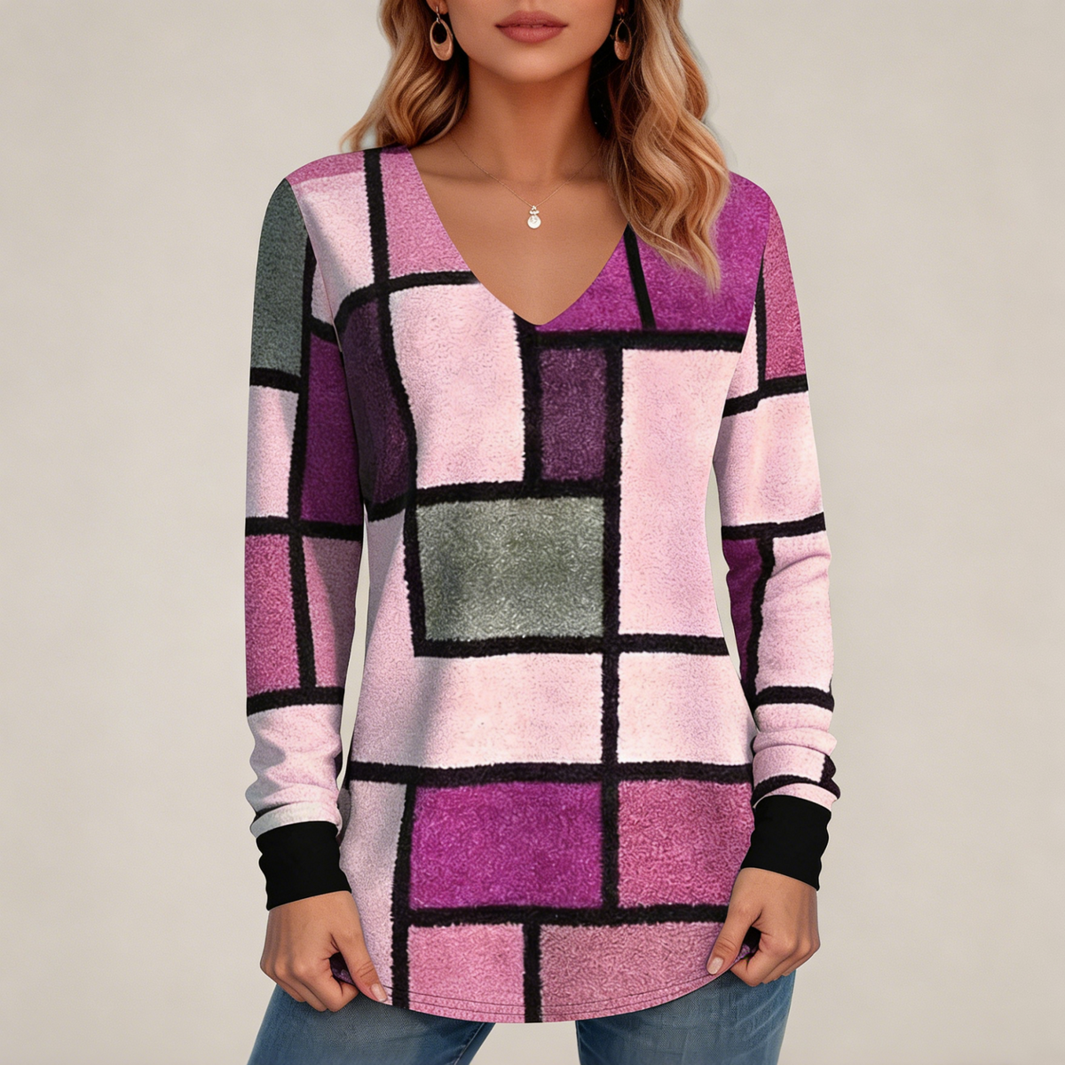 Divatos női V-nyakú felső digitális nyomott mintával, laza szabással és színes kockás dizájnnal