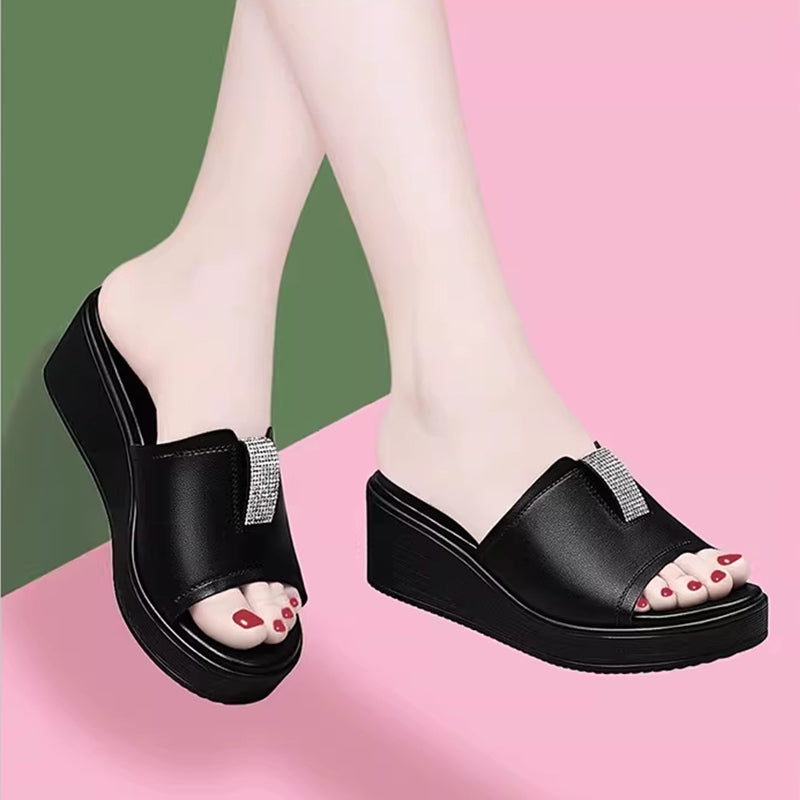 【+5 CM ÎNĂLȚIME】Papuci cu platformă groasă, model nou la modă, cu strasuri elegante