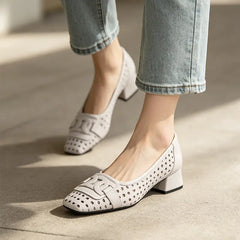 👡 Pantofi eleganți franțuzești cu vârf pătrat, decupaje și toc gros