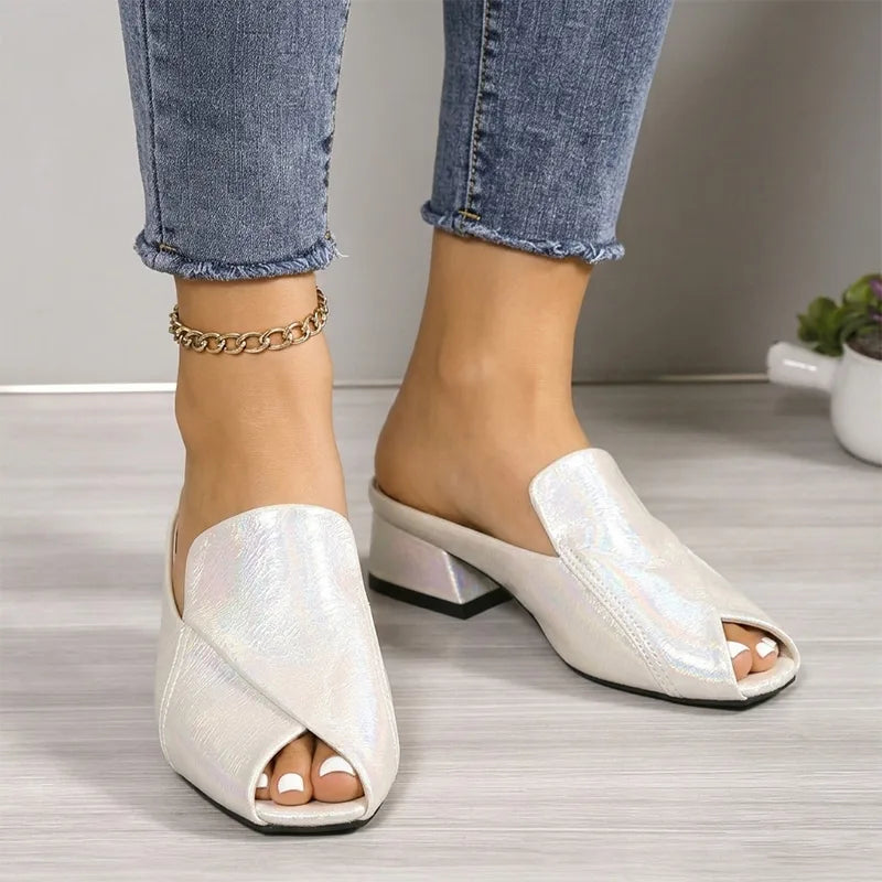 Saboți de Damă Stil Loafers cu Finisaj Perlat – Toc Gros Confortabil, Talpă Moale Ortopedică și Ameliorare Dureri de Picioare