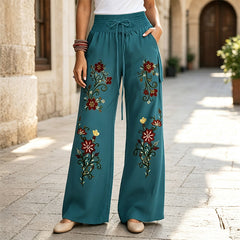 Pantaloni Largi de Damă în Stil Bohemian cu Broderie Florală – Pantaloni Casual cu Talie Înaltă, Elastică și Șnur