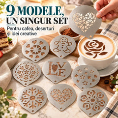 ☕ Set 9 Şabloane din Inox pentru Decorare Cafea și Deserturi – Transformați cappuccino-ul și prăjiturile în opere de artă! 🍰✨
