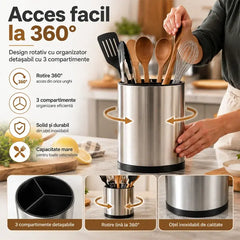 🍳 Suport Rotativ 360° din Oțel Inoxidabil pentru Ustensile de Bucătărie – Organizați Bucătăria Simplu și Elegant!