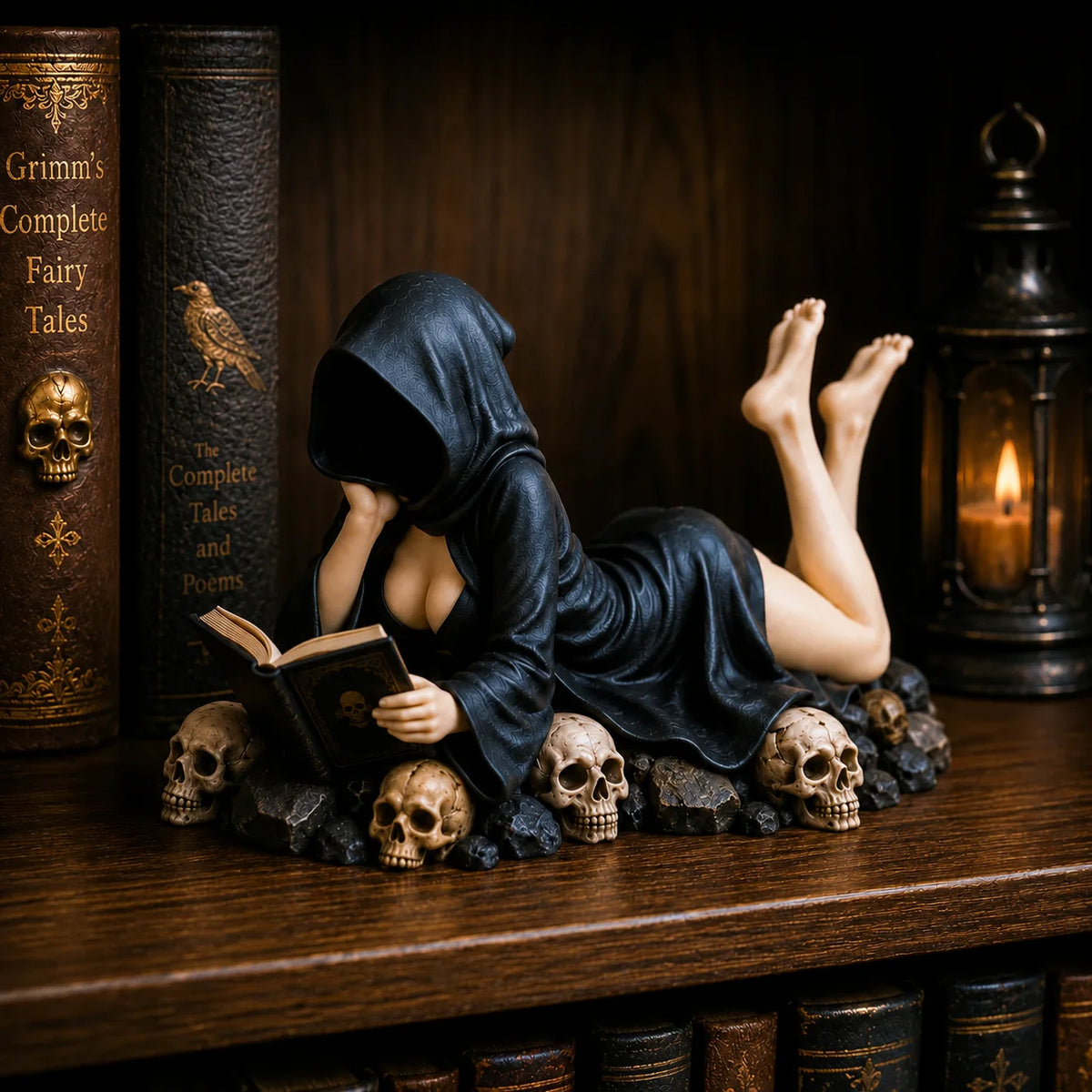 【Nou 2026】Statuetă Gotică „Cititoarea cu Glugă”, Ornament Misterios și Senzual pentru Dormitor sau Birou, Cadou Decorativ Dark Academic! 🖤📖