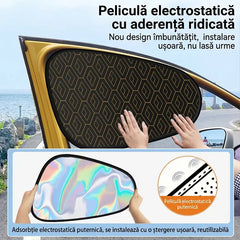 Set 4 Parasolare Auto cu Adrență Electrostatică, Paravan Geam Lateral cu Model Laser Geometric, Protecție UV și Izolare Termică, Nu Blocare Oglindă Retrovizoare