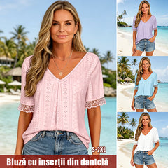 💖👕【Top 3 recenzii în magazin】Tricou din dantelă uni, de primăvară-vară, cu decolteu în V