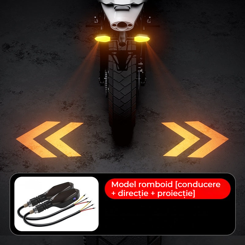 Set 2 Semnalizări Moto LED 3-în-1: Lumină de Zi, Semnalizare Dinamică și Proiecție Laser la Sol, Efect Multicolor, Universal