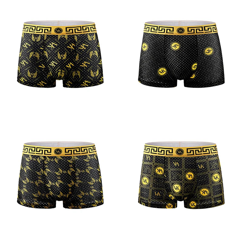 Set 4 Perechi Boxeri de Bărbați Premium din Mătase de Gheață, Lux Black & Gold, Ultra-Respirabili cu Plasă, Elasticitate Ridicată