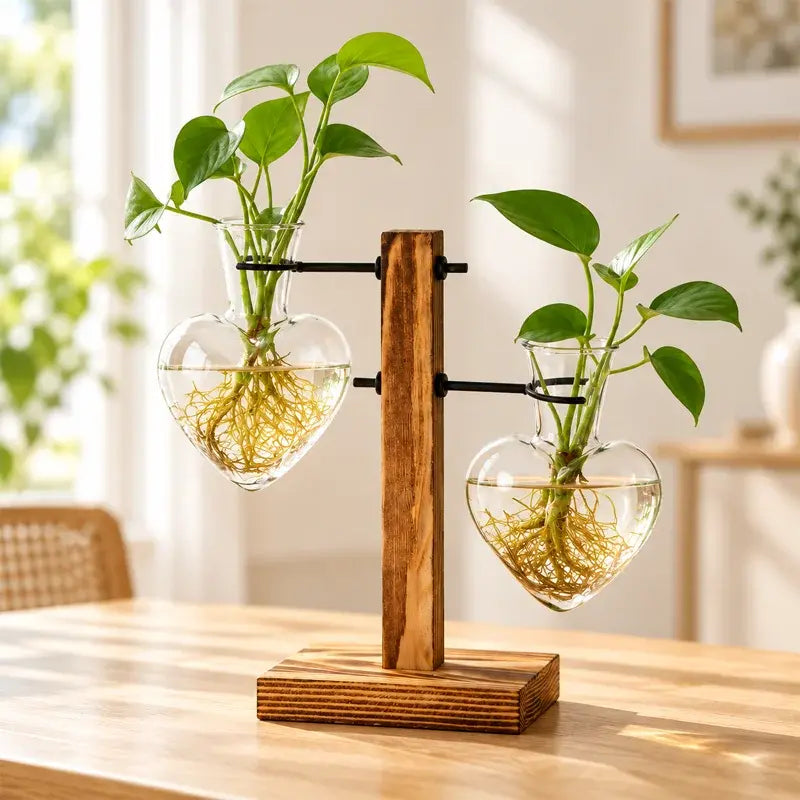 💕 Design Unic și Relaxant pentru Casa Ta! – Două vase suspendate din sticlă și lemn, ideale pentru orice încăpere! 🌿🏠