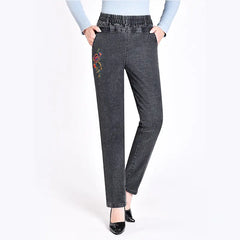 Blugi Drepți cu Talie Înaltă pentru Femei, cu Broderie Florală – Pantaloni Elastici din Bumbac Confortabil, Efect de Subțiere și Întinerire