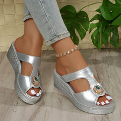 💚💎【Piele premium atent selecționată】Papuci eleganți cu strasuri și platformă tip wedge, cu aspect rafinat și elegant