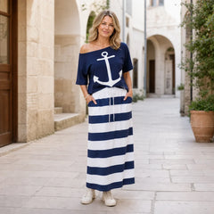 【Hit de Vară 2026】Set Casual în Stil Marin: Tricou din Bumbac cu Imprimeu Anchor + Fustă Lungă în Dungi, Mărimi S-5XL! ⚓💙
