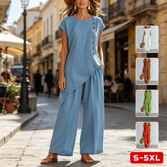 ✨Set Casual de Vară cu Design Asimetric și Nasturi Laterali, Top fără Mâneci și Pantaloni Largi, Stil Boho-Chic