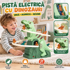 🦖 Aventură Continuă cu Dinozauri! Pistă Electrică pentru Copii cu Urcare Automată pe Scară! Include 9 Dinozauri Colorați · Alunecare Fluentă · Asamblare Ușoară și Distracție Nelimitată!