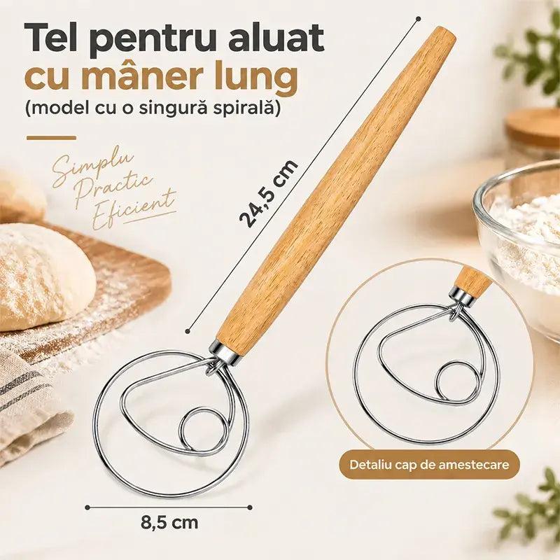 🥖 Mixer manual de făină din oțel inoxidabil cu mâner din lemn de stejar  | Instrument indispensabil pentru coacere, frământare și cernere · Cumpără unul și primești unul gratis (primești 2 bucăți) 🌾