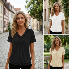 Tricou Elegant cu Guler în V și Detalii Plisate – Croială Lejeră ce Flatează Orice Siluetă