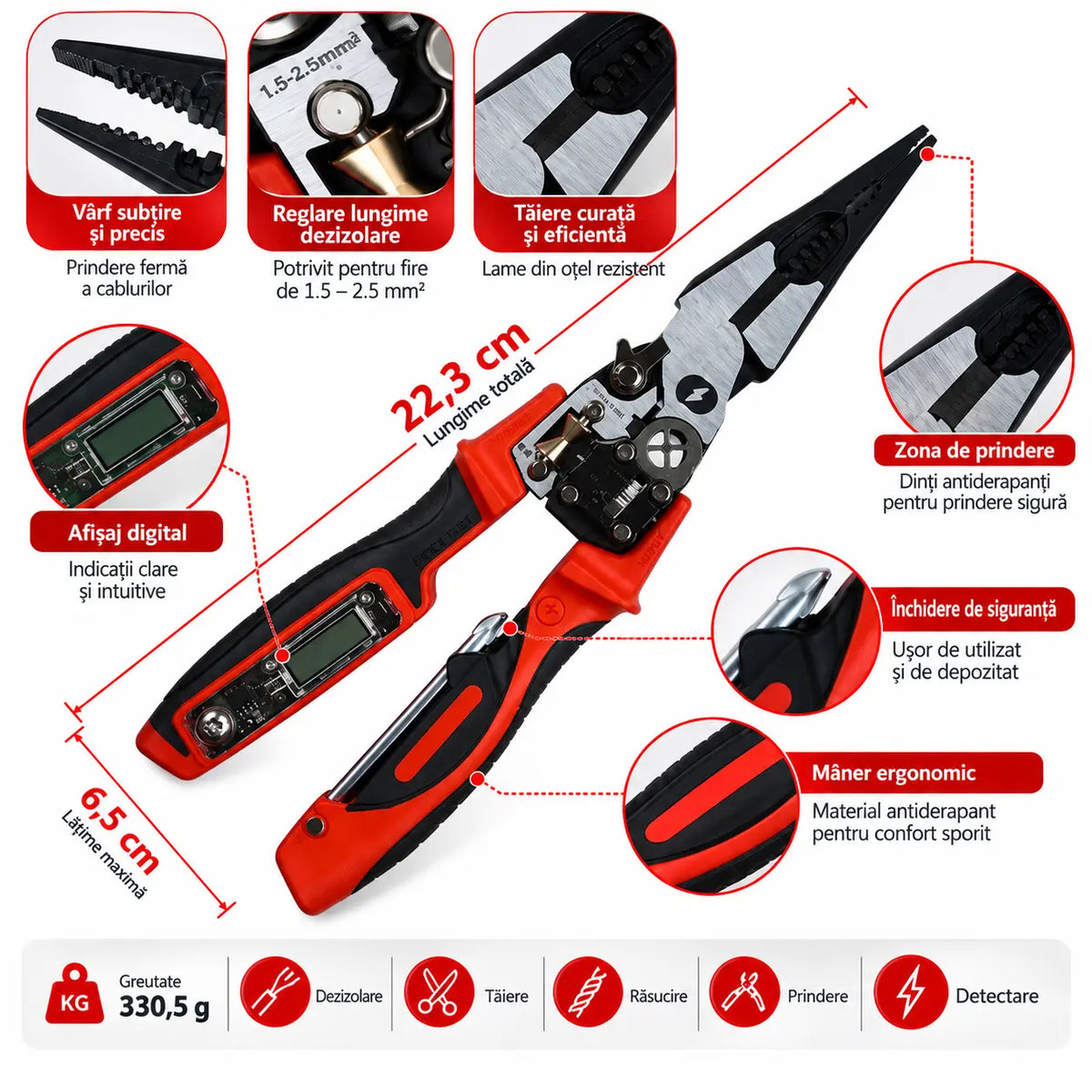 ⚡ Clește Multifuncțional pentru Electricieni cu Ecran Digital – Dezizolare Rapidă, Tăiere, Sertizare și Detectare Tensiune!