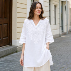 Stil Boho-Chic 2026 ✨ Cămașă Lungă Casual din Bumbac cu Broderie 🌿 Croială Lejeră și Efect de Subțiere!