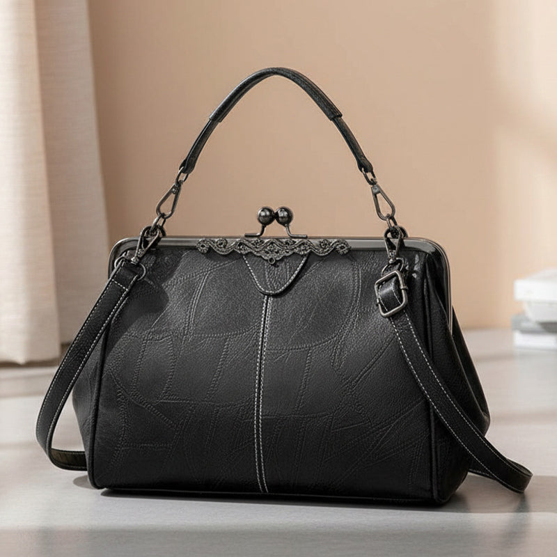 Geantă de Damă din Piele Naturală, Stil Retro cu Clemă Metalică, Design Elegat Crossbody și de Mână